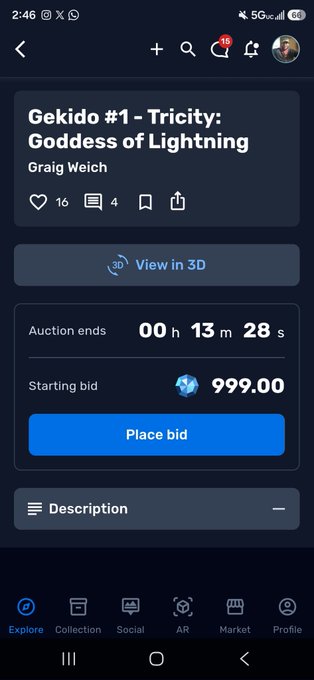 A mobile app screenshot showing an NFT auction listing for 'Gekido #1 - Tricity: Goddess of Lightning' by Graig Welch with 16 likes, ending in 13 minutes, starting bid at 999.00.