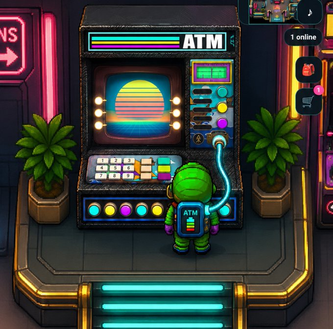 A pixel art scene shows a small green astronaut-like character standing before a retro-futuristic ATM machine with a neon sunset screen, with '1 online' displayed in the corner.