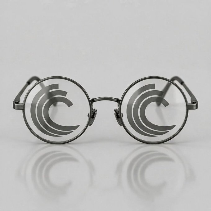 A pair of black round-frame glasses featuring a stylized 'C' logo design on each lens, displayed against a light background.