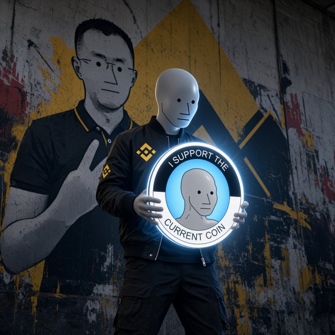A person in a mask holds a neon "I SUPPORT THE CURRENT COIN" sign featuring an NPC meme character, with a matching mural and Binance logo in the background, visually embodying the "$NPC" meme's "bull posting doesn't stop" message through its ironic, unwavering cheerleader aesthetic.