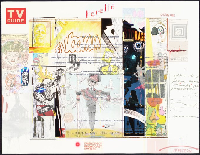 A vibrant mixed-media digital collage featuring layered imagery, including a "TV GUIDE" logo, the word "Jeremi" in red, "LOCHALIVE," "STORAGE," and "EMERGENCY BROADCAST SYSTEM," alongside classical figures and abstract elements, reflecting the experimental aesthetic of contemporary digital art as featured in the @objktcom collection "The Obsolete Matters" by @efekiraner.