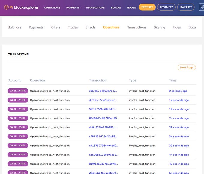 A Pi blockexplorer screenshot showing the Operations page on the TESTNET for account GAJE...YHPL, displaying a list of recent "invoke_host_function" operations (NFT mint transactions) occurring every 5 seconds, with the latest recorded 9 seconds ago.