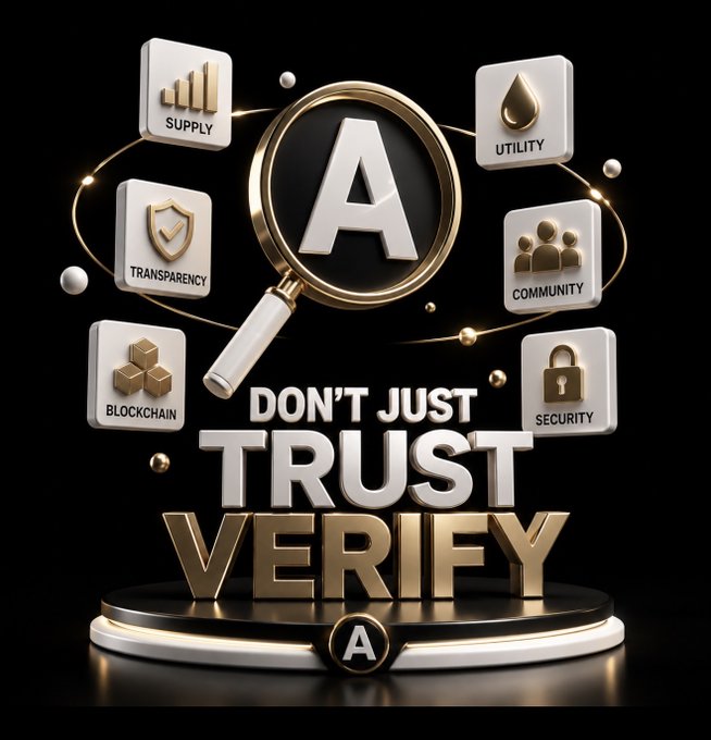 A graphic featuring a magnifying glass over the letter 'A' surrounded by icons labeled Supply, Utility, Transparency, Community, Blockchain, and Security, with the text 'DON'T JUST TRUST VERIFY'.