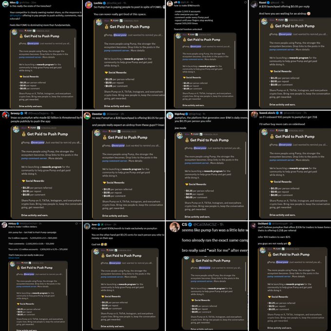 A grid of social media screenshots showing various users promoting 'Pump' and 'Get Paid to Push Pump' crypto-related posts and advertisements.