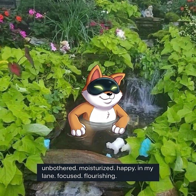A cartoon cat character with glowing green eyes wearing a black mask, sitting peacefully in a garden pond with a waterfall, with the caption 'unbothered. moisturized. happy. in my lane. focused. flourishing.'