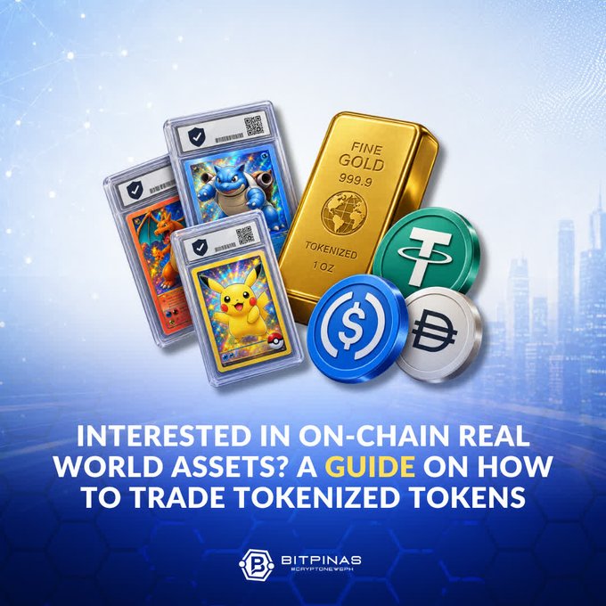 The image promotes a BitPinas article titled "Interested in On-Chain Real World Assets? A Guide on How to Trade Tokenized Tokens," displaying visual representations of tokenized assets including a "Fine Gold 999.9" 1 oz bar, graded Pokémon cards (featuring Pikachu and Blastoise), and crypto tokens (USDC, USDT, and Dai) against a cityscape backdrop.

The image directly supports the post by illustrating the diverse range of physical assets—from precious metals to collectible trading cards and stablecoins—that are being tokenized on-chain, visually reinforcing how web3 enables trading across traditional and digital markets while bypassing conventional fees and logistical barriers.