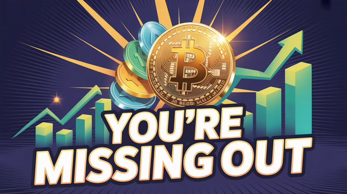 The image displays a vibrant graphic featuring a stack of colorful cryptocurrencies (including a prominent Bitcoin with its "₿" symbol) alongside an ascending bar chart with a green arrow, accompanied by bold text reading "YOU'RE MISSING OUT." The "YOU'RE MISSING OUT" message ties directly into the post's urgency, reinforcing the call to action that followers who aren't investing in Bitcoin before the predicted date are missing a major crypto bull market opportunity.