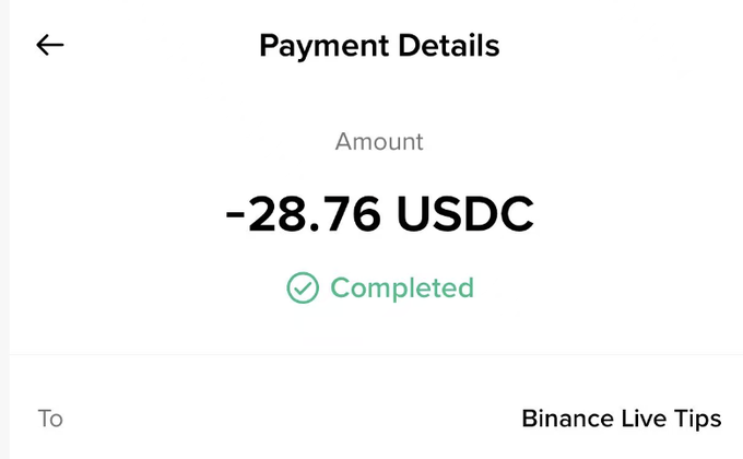 A mobile payment confirmation screen showing a completed transaction of -28.76 USDC sent to 'Binance Live Tips'.