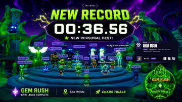 A screenshot from the game 'Gem Rush' showing a 'NEW RECORD' screen with a time of '00:36.56' and 'NEW PERSONAL BEST!', featuring a maze-like arena with gems.