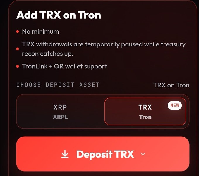 The image shows Xora Finance's "Add TRX on Tron" deposit interface, highlighting features like no minimum deposit, temporarily paused withdrawals, and TronLink + QR wallet support, with options to choose between XRP on XRPL and the newly added TRX on Tron, followed by a "Deposit TRX" button. It visually confirms the launch of the TRX yield pilot mentioned in the post, showcasing the user-friendly deposit screen where users can begin earning up to 28% APY on native TRX.