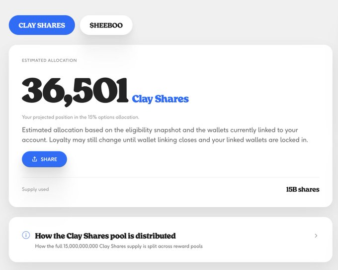 A digital interface showing a 'CLAY SHARES' tab with an estimated allocation of '36,501 Clay Shares' and a 'SHARE' button.