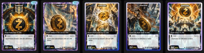 Five digital trading card-style rewards in a row, featuring 'Zcash' coin imagery, each labeled 'DRAW-GLASS' with different rarities and point values ranging from 257 to 842 points, all dated 25 SEPTEMBER 2026.