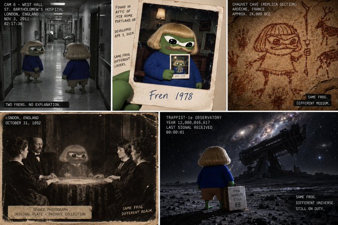 A four-panel art collage showing the same character named 'Fren' across different times and locations, including a hospital (1978), Chauvet Cave (replica, 24,000 BCE), a séance (1892), and the Trappist-1e Observatory.