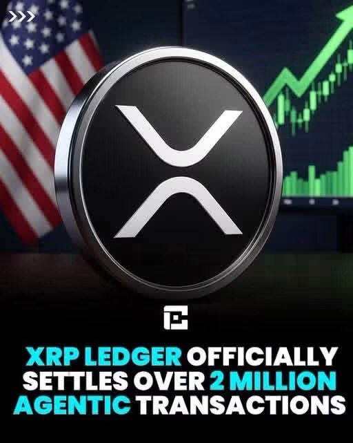 A graphic features the XRP logo in front of an American flag and a green upward chart, with the text 'XRP LEDGER OFFICIALLY SETTLES OVER 2 MILLION AGENTIC TRANSACTIONS'.