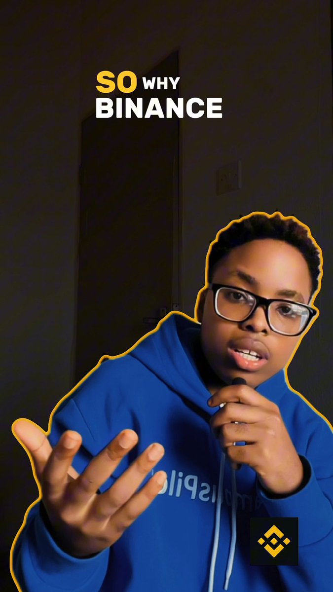 A young man in a blue Binance hoodie and glasses speaks into a microphone, with text reading 'SO WHY BINANCE' above him.