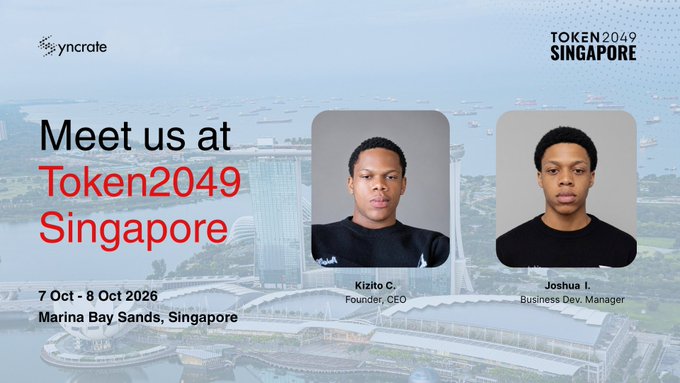 A promotional graphic for Token2049 Singapore (7-8 Oct 2026, Marina Bay Sands) featuring headshots of Kizito C. (Founder, CEO) and Joshua I. (Business Dev. Manager) from Syncrate.