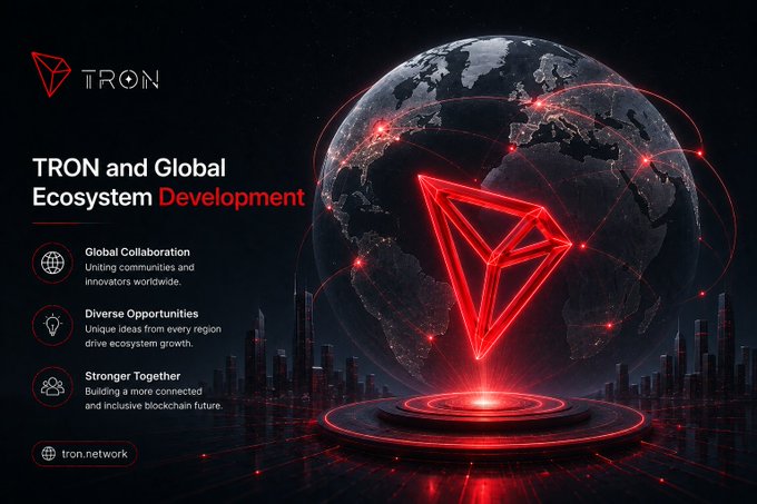 A promotional slide for 'TRON' titled 'TRON and Global Ecosystem Development' features a red Tron logo over a globe with highlights on Global Collaboration, Diverse Opportunities, and Stronger Together.
