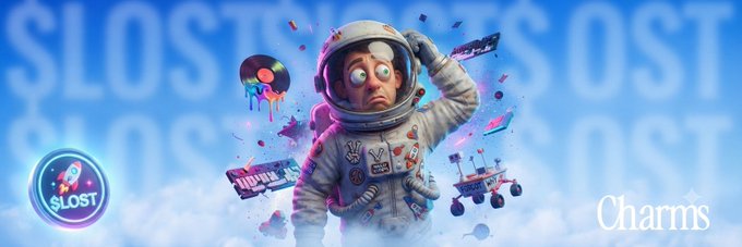 The image features a cartoon astronaut character with a startled expression, floating among vibrant, colorful objects like paint splatters, a Mars rover, and a character in a bear suit against a blue sky background with "SLOST" text repeating behind it. The caption "Charms" and a rocket logo with "SLOST" appear, visually representing the AI-powered meme generation tool that automatically creates characters and launches coins on CT.