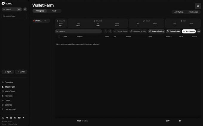 A dark-themed dashboard interface titled 'Wallet Farm' on the Sumo platform, showing an empty 'In-Progress' state with no active wallet farm rows.