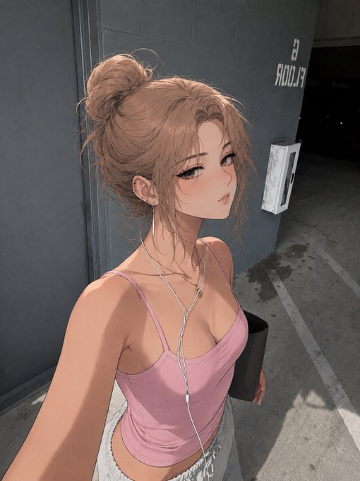 An anime-style illustration of a young woman with a brown messy bun, wearing a pink crop top and white skirt, taking a selfie in a parking garage next to a sign reading '3 RIDDLE R'.