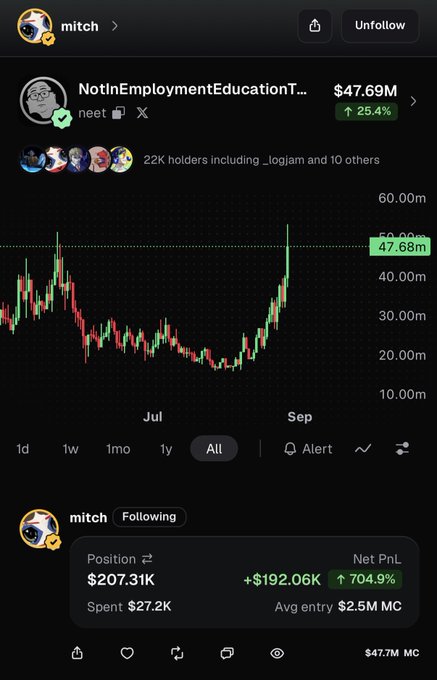 The image shows a social media post from "mitch" displaying a cryptocurrency price chart for "NotInEmploymentEducationT..." (ticker: NEET), which has risen 25.4% to a market cap of $47.69M with a new all-time high visible at 47.68m on the chart. Below the chart, mitch's position details are shown: $207.31K total, $27.2K spent, with a net profit of +$192.06K (up 704.9%), directly supporting the caption's claim about the $207K position value at a new ATH.