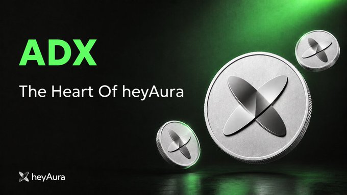 A promotional banner for the ADX token, titled 'The Heart Of heyAura,' featuring silver coin tokens with an X symbol against a black background with green lighting.
