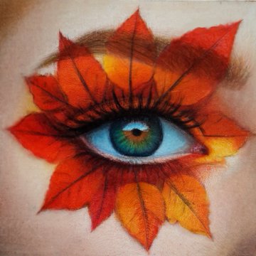A surreal close-up of a human eye with a blue iris, surrounded by vibrant orange and red autumn leaves that fan out like a flower.