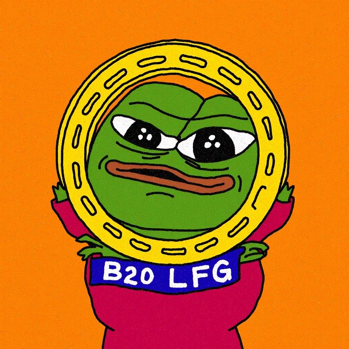 A cartoon Pepe the Frog with a smug expression holds up a yellow circular frame resembling a coin around his head against an orange background, with a blue banner reading "B20 LFG" displayed below.

The image directly relates to the post by combining the "B20" reference with "LFG" (let's f***ing go) as the rallying cry, using Pepe's well-known "holding a coin" meme format to signal bullish excitement around the B20 ticker, shared with credit to @darkfarms under CC0 licensing.