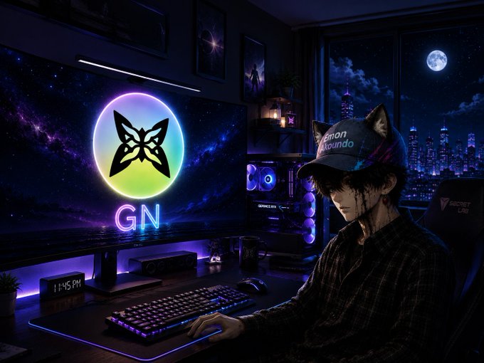 An anime-style illustration of a gamer wearing a 'Demon Moundo' cat-ear cap at a neon-lit gaming setup with a butterfly logo 'GN' on the monitor, set against a night cityscape with a full moon.