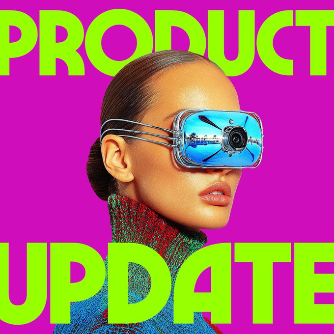 The image features a woman wearing a unique headpiece that looks like a pair of glasses or goggles. The background color of the image is purple, which contrasts with the green text that reads "UPDATE" at the top. Below this, there are two lines of text in white and yellow colors, stating "What has ReplyCorp been up to? We know it's been a few months since our last major business progress".