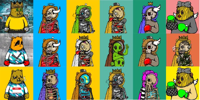 A grid of cartoon NFT-style characters including bears, skeletons, aliens, and other figures wearing crowns, with varied backgrounds and costumes.