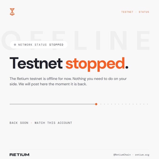 A Retium testnet status page displaying a prominent "Testnet stopped" notice in bold black and orange text, with a faded "OFFLINE" watermark behind it and a progress indicator showing the service is in early stages of restoration. The page explains that the Retium testnet is offline with no user action required, and will be updated when service resumes—complementing the post's announcement about expected service interruptions during upcoming updates.