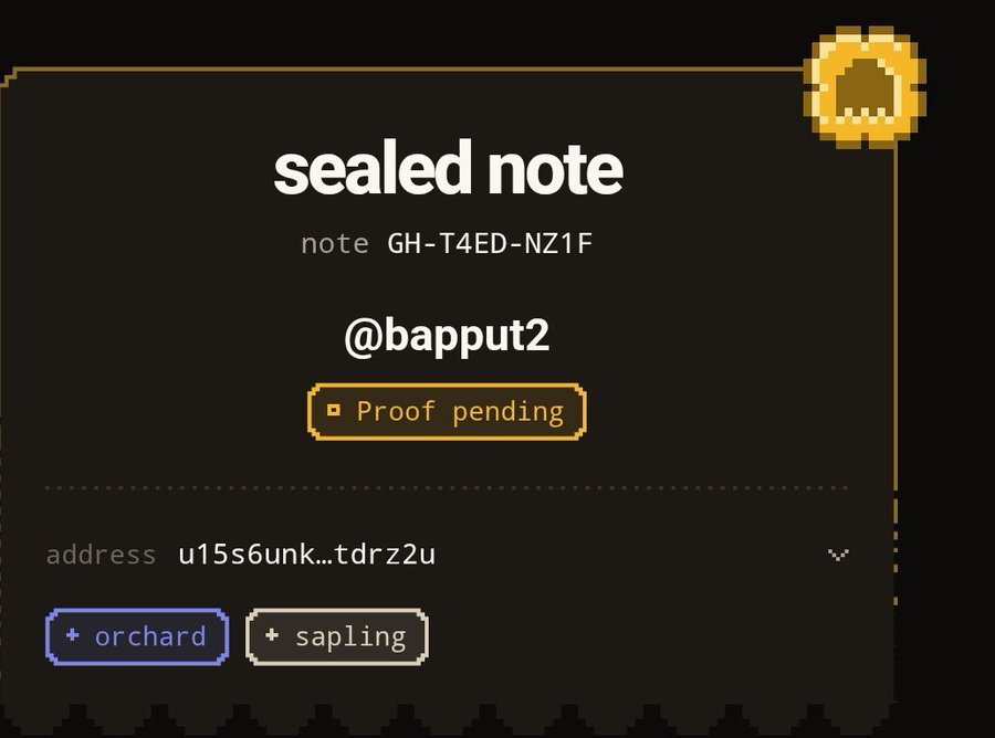 A pixel-art style digital card titled 'sealed note' from @bapput2 with note ID 'GH-T4ED-NZ1F', showing 'Proof pending' status, an address 'u15s6unk...tdrz2u', and tags for 'orchard' and 'sapling'.