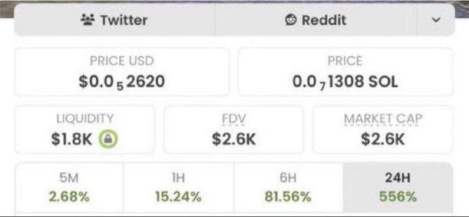 The image shows a cryptocurrency token dashboard displaying a price of $0.0₅2620 USD (0.0₇1308 SOL), a liquidity of $1.8K, FDV of $2.6K, and market cap of $2.6K, with significant gains of 81.56% in 6H and 556% in 24H. This aligns with the post promoting a new low-cap memecoin at $2.6K market cap, illustrating the early-stage metrics of the token the author is urging followers to buy.