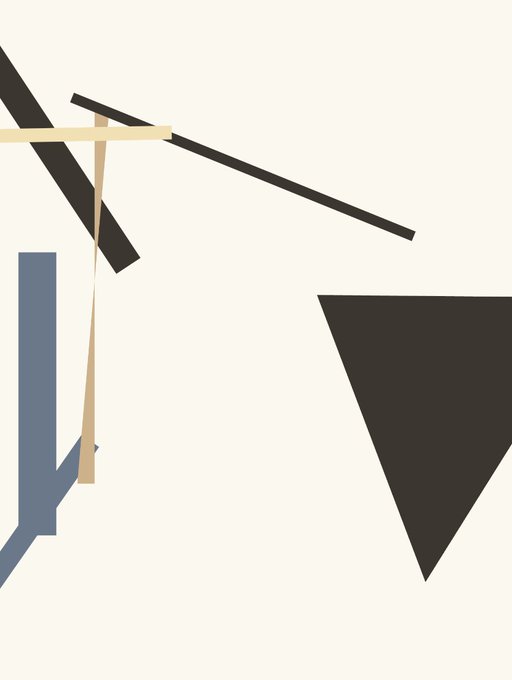 An abstract geometric composition with overlapping shapes in beige, black, and blue-gray tones on a cream background.