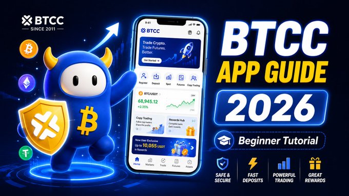 The image features a blue cartoon character with horns standing next to an iPhone displaying a tutorial video about Bitcoin trading. The character appears to be holding a shield, which could symbolize protection or guidance for beginners learning about Bitcoin. The text on the image includes the words "BTCC", "app guide", and "2026".