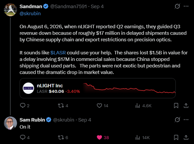 A Twitter thread from @Sandman7591 and @skrubin discussing how nLIGHT ($LASR) lost $1.5B in market value over $17M in delayed shipments caused by Chinese export restrictions on precision optics, with LASR down 3.40% to $40.06, implying similar supply chain vulnerabilities may affect $LPTH.