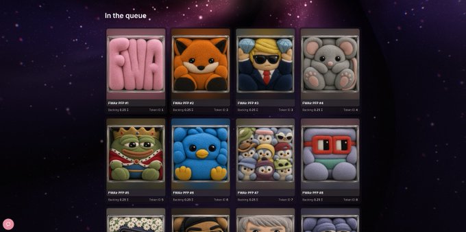 The image shows a digital NFT collection interface titled "In the queue" displaying cute, colorful pixel-art style character avatars labeled "FWAir PFP #1" through "FWAir PFP #8" (with more partially visible), each showing "Backing 0.25 T" and incrementing "Token" numbers. This visual queue relates to the upcoming backing period for the FWAir PFP NFT collection, illustrating the lineup of character NFTs that will be added to the main FWA pool once the collection is fully backed.