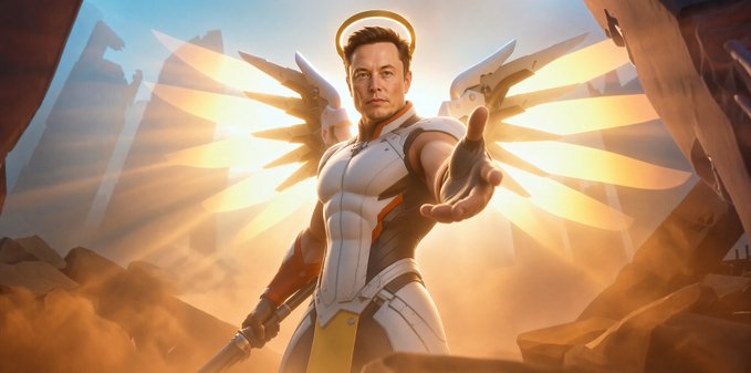 A figure with Elon Musk's face is depicted as an angel with glowing wings and a halo, reaching out while holding a sword, set against a bright heavenly backdrop. The image humorously portrays Musk as a divine or saint-like figure, tying into the post's reference to him as @elonmusk in the context of celebrating new Grok Bot features on X.