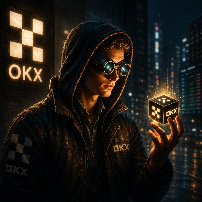 A hooded figure wearing glowing goggles holds a floating cube, with prominent "OKX" logos and text displayed on a wall, jacket, and the cube itself, set against a dark futuristic cityscape. The image aligns with the post by visually promoting the OKX creator program partnership through its bold branding and crypto-themed aesthetic.