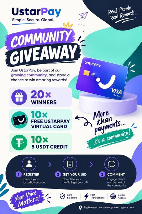 The image is a promotional graphic for the "UstarPay Community Giveaway," featuring rewards of 20 winners, 10 free UstarPay virtual cards, and 10 recipients of 5 USDT credit, with three easy steps to enter: register, complete profile to get UID, and comment. The giveaway highlights the UstarPay Visa Platinum card with a teal and purple color scheme, aligning with the post announcing the live giveaway of free virtual cards and USDT trial credits for new users.