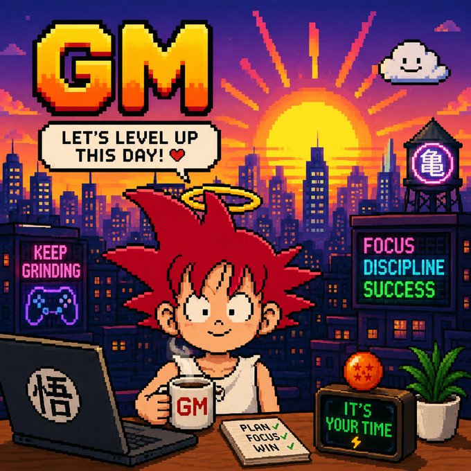 A pixel art image features a red-haired character with a speech bubble saying 'LET'S LEVEL UP THIS DAY!' surrounded by 'GM', 'KEEP GRINDING', 'FOCUS DISCIPLINE SUCCESS', and 'IT'S YOUR TIME' signs.