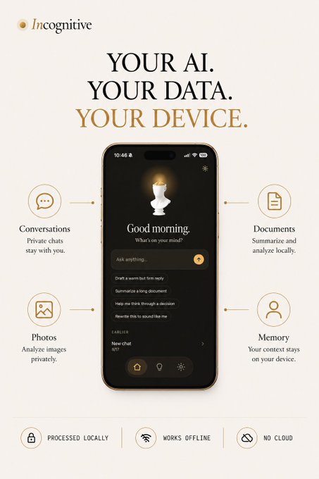 An advertisement for "Incognitive" AI app featuring the tagline "YOUR AI. YOUR DATA. YOUR DEVICE." showing features like Conversations, Documents, Photos, and Memory, all processed locally and offline with no cloud.