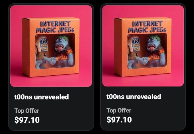 Two side-by-side product listings for "t00ns unrevealed" boxes labeled "INTERNET MAGIC JPEGS," each showing a "Top Offer" of $97.10. The image illustrates the NFT collection the poster references, highlighting that revealed and unrevealed t00ns are being held at the same steady price while they await the official reveal.