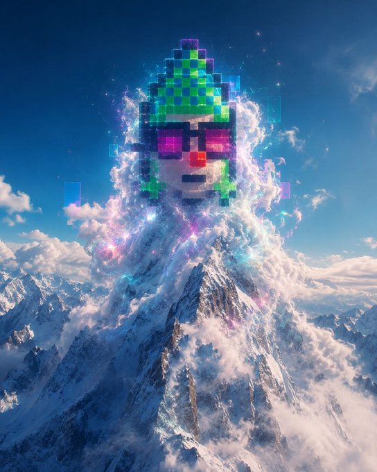 A giant pixelated clown face emerges from the clouds above a snow-capped mountain peak, with colorful digital blocks and particle effects swirling around it.