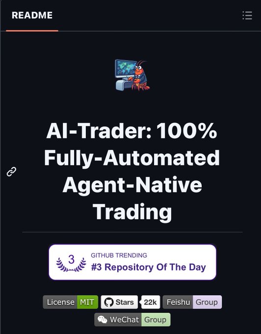 A dark-themed GitHub README header displays a lobster mascot at a computer above the title "AI-Trader: 100% Fully-Automated Agent-Native Trading," with badges indicating MIT License, 22k Stars, 3 trending (#3 Repository Of The Day), Feishu and WeChat groups. The image serves as the project banner for the AI-Trader repository being promoted, showcasing its GitHub credibility and community groups alongside the post's pitch about an autonomous trading agent capable of operating across multiple markets without brokers or fixed-rule bots.