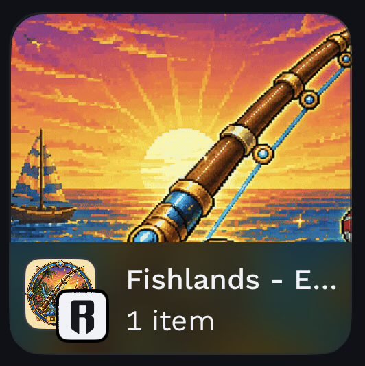 A mobile app store listing for 'Fishlands' showing a pixel-art sunset scene with a fishing rod and boat, listed as 1 item in a collection.