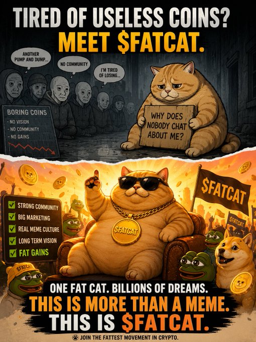 A meme coin advertisement for $FATCAT with the text 'TIRED OF USELESS COINS? MEET $FATCAT' and 'ONE FAT CAT. BILLIONS OF DREAMS. THIS IS MORE THAN A MEME. THIS IS $FATCAT.'