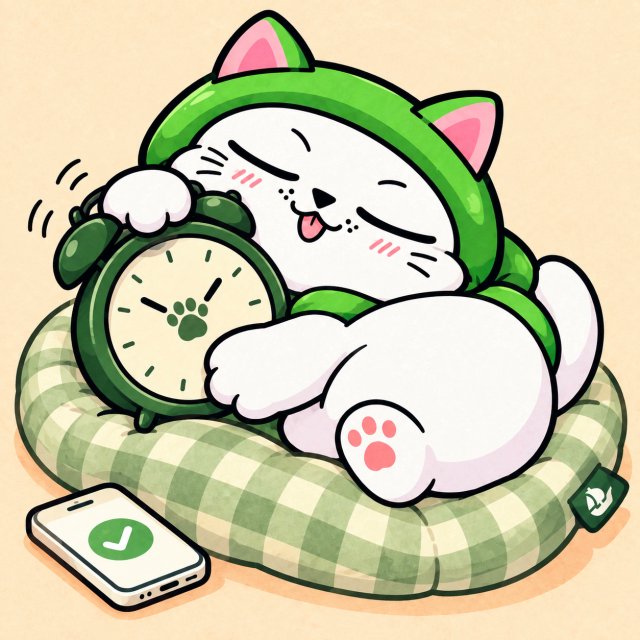 A cute cartoon illustration of a white cat wearing a green frog hoodie, lying on a green checkered cushion while holding an alarm clock, with a smartphone showing a checkmark beside it.