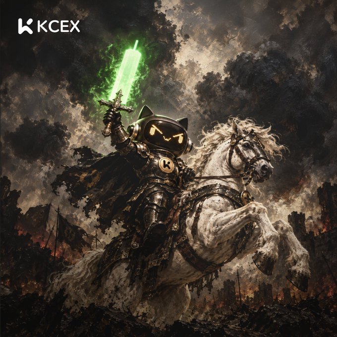 Digital artwork of an armored cat warrior with cat ears and a "K" logo on its helmet, riding a white horse and holding a glowing green sword, with "KCEX" branding in the corner.